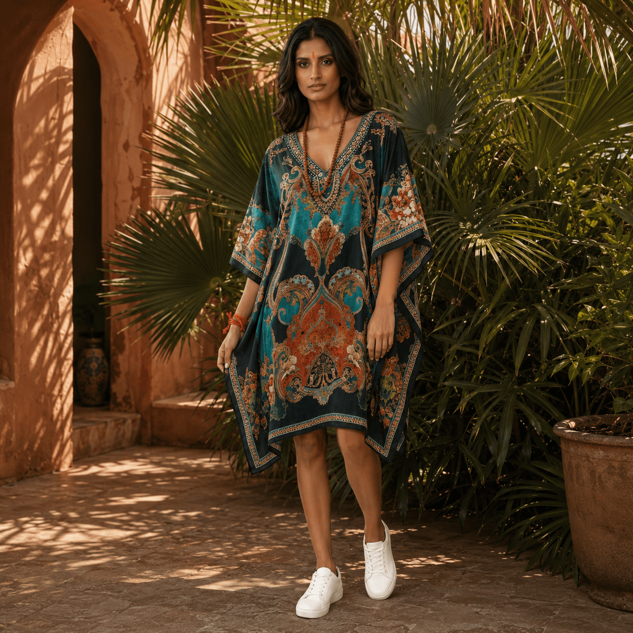 Woman wearing a colorful kaftan from house of majisha standing in a warm, sunlit outdoor setting with plants and an archway.