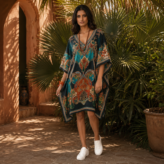 Woman wearing a colorful kaftan from house of majisha standing in a warm, sunlit outdoor setting with plants and an archway.
