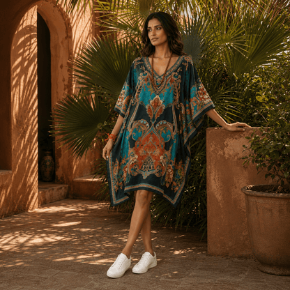 Woman wearing a colorful kaftan from house of majisha standing in a warm, sunlit outdoor setting with plants and an archway.