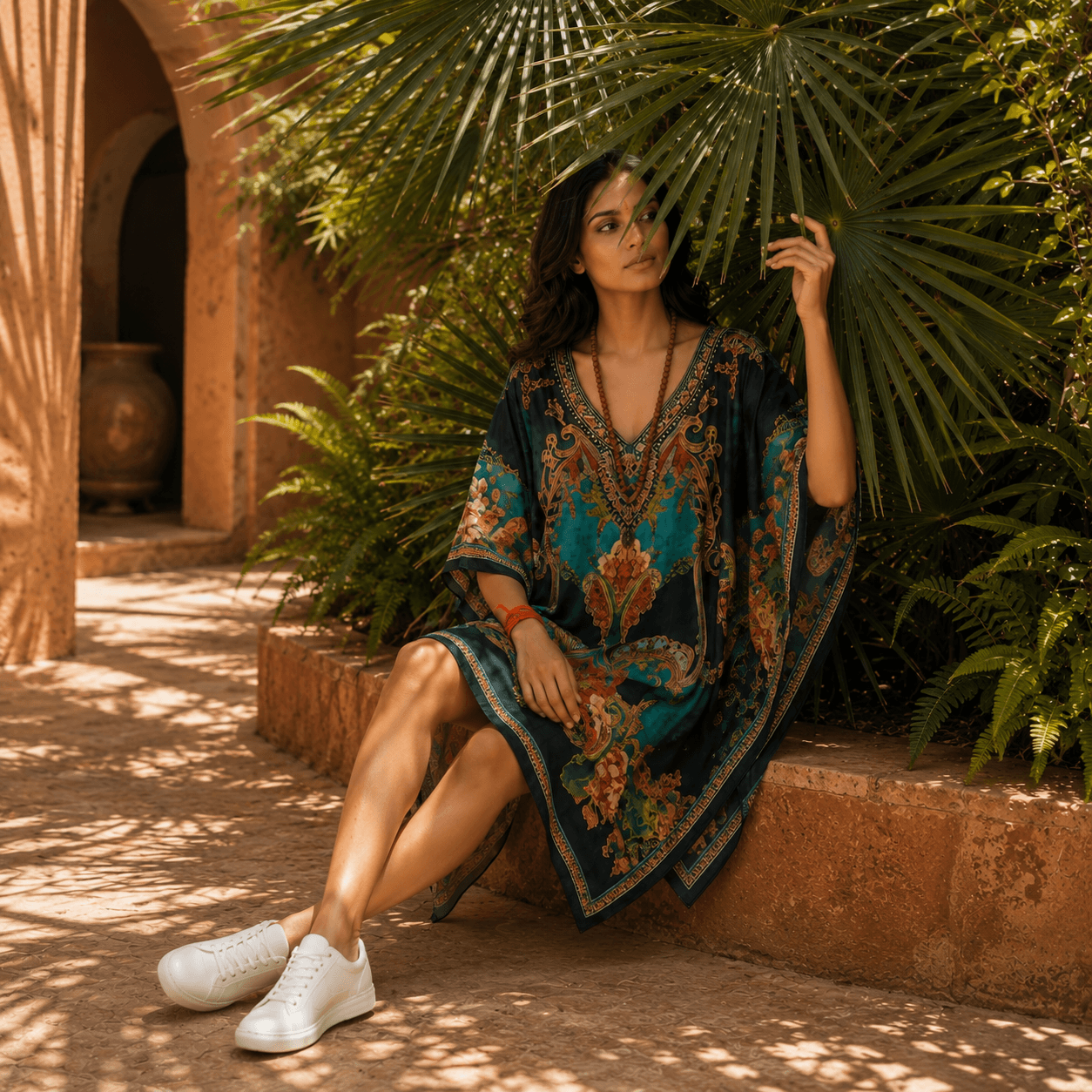 Woman in a house of majisha patterned kaftan sitting under palm leaves in a sunlit outdoor setting.