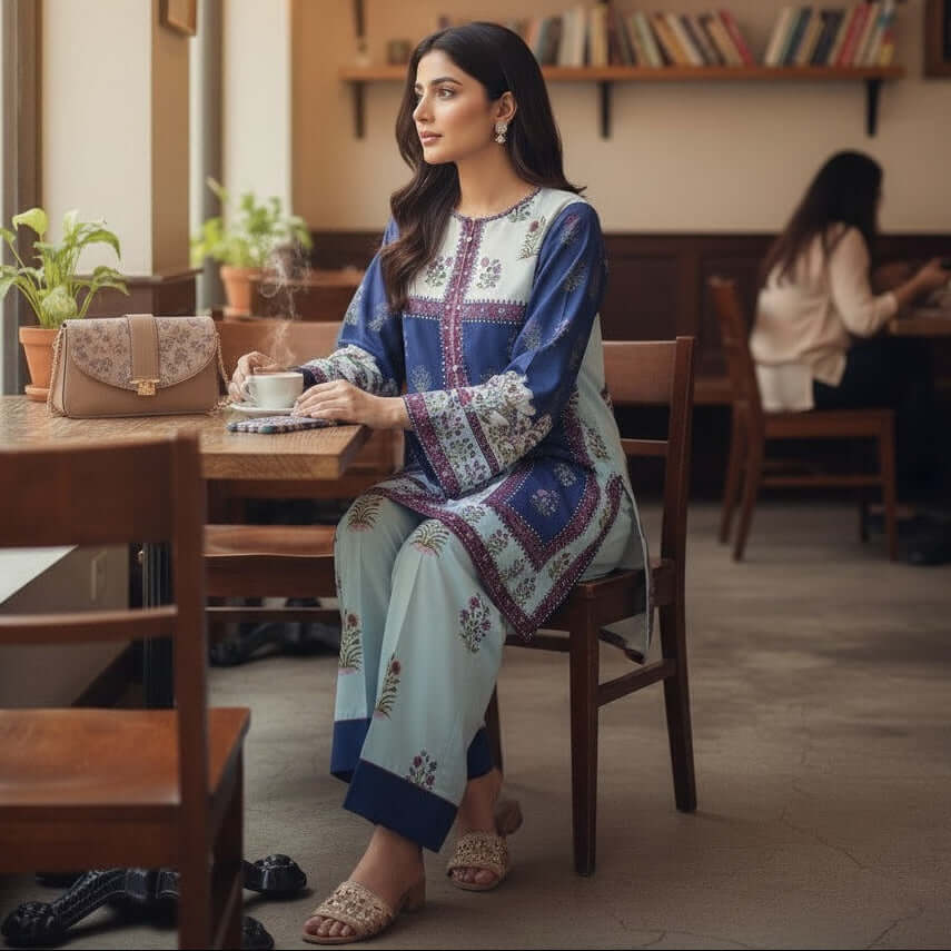 Woman wearing Teal Navy Ethnic Panel Co Ord Set with kurta and pants from house of majisha.