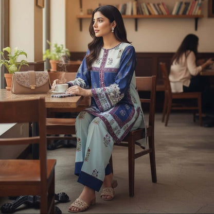 Woman wearing Teal Navy Ethnic Panel Co Ord Set with kurta and pants from house of majisha.