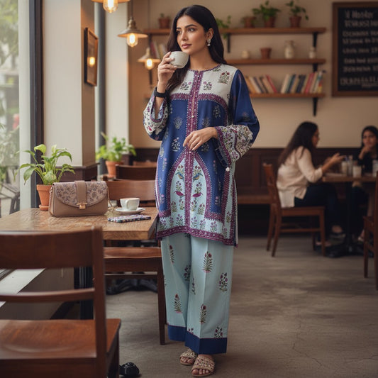 Woman wearing teal and navy ethnic panel printed co ord set with kurta and pants from house of majisha.