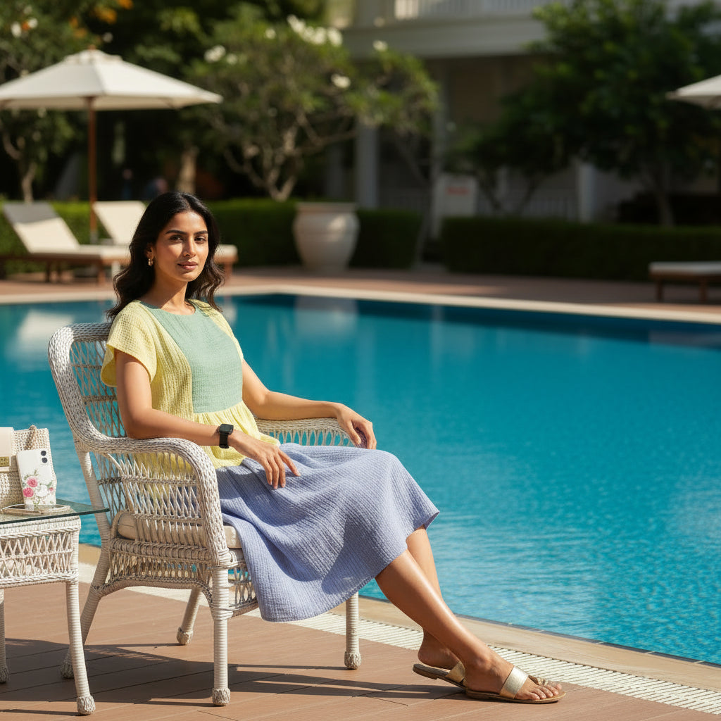 Tiered Midi Dress with green, yellow and blue color-block panels, short sleeves and midi length by House Of Majisha