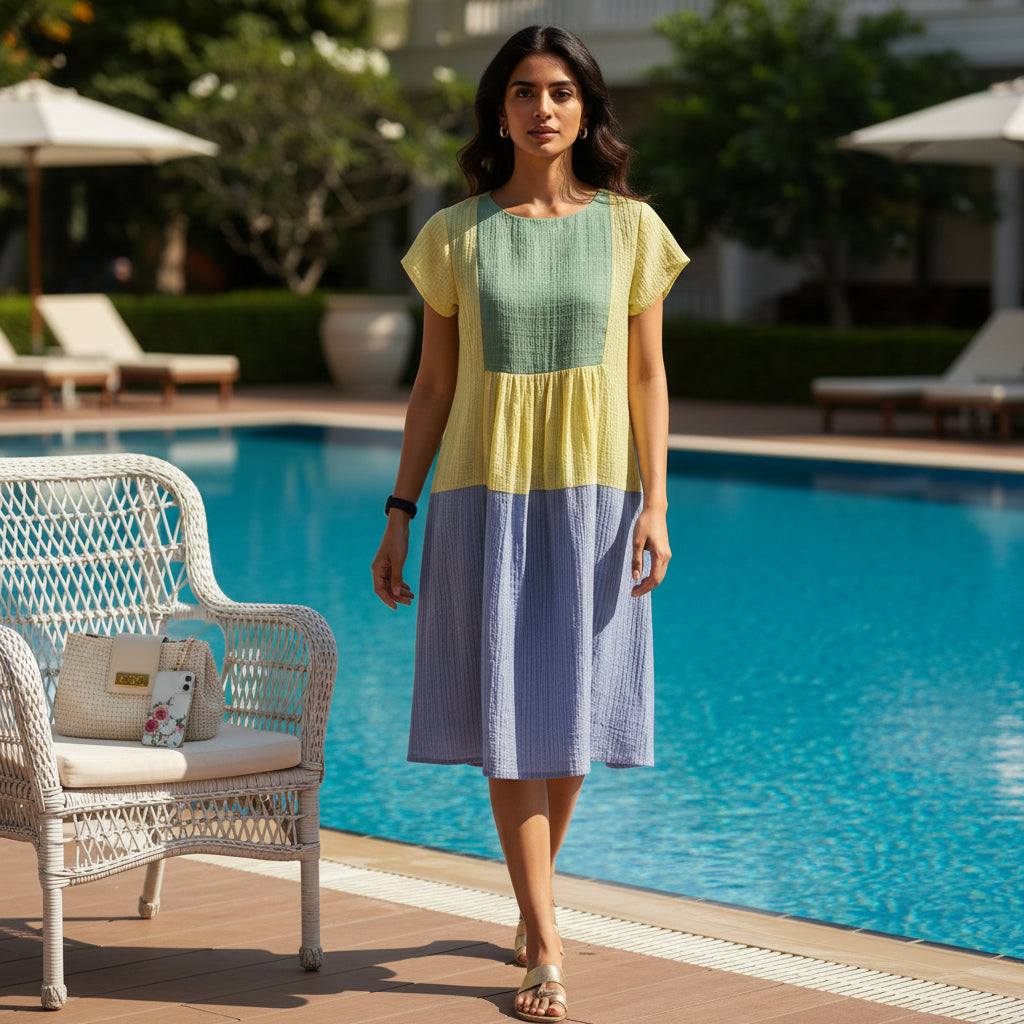 Tiered Midi Dress with green, yellow and blue color-block panels, short sleeves and midi length by House Of Majisha