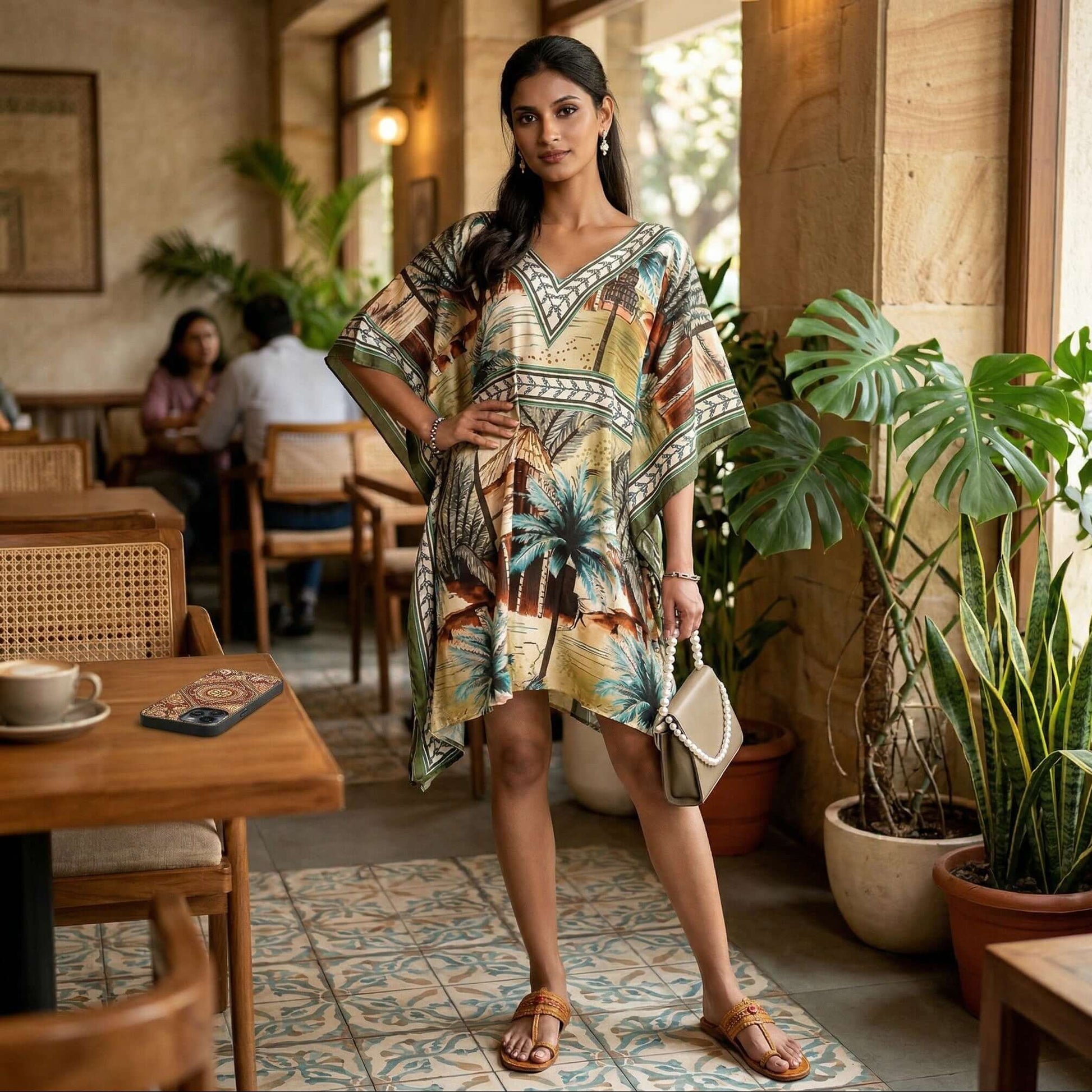 Woman wearing Tropical Palm Digital Print Kaftan Dress in poly feather silk with earthy tones from house of majisha.