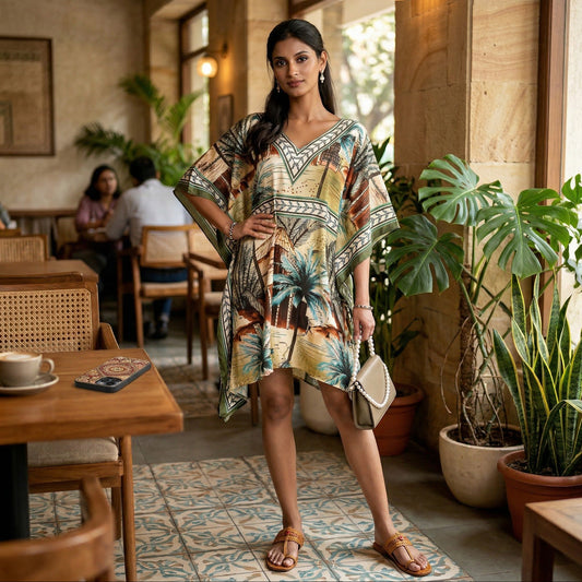 Woman wearing tropical palm digital printed kaftan dress in poly feather silk with earthy tones from house of majisha.