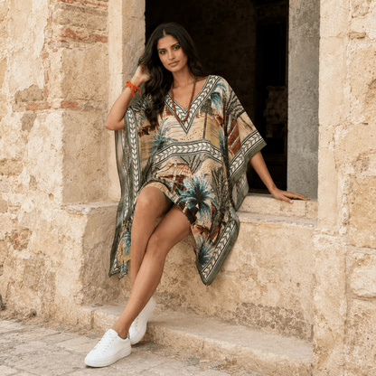 Woman wearing a house of majisha kaftan sitting on stone steps.