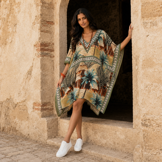 Woman wearing a house of majisha kaftan standing in an archway.