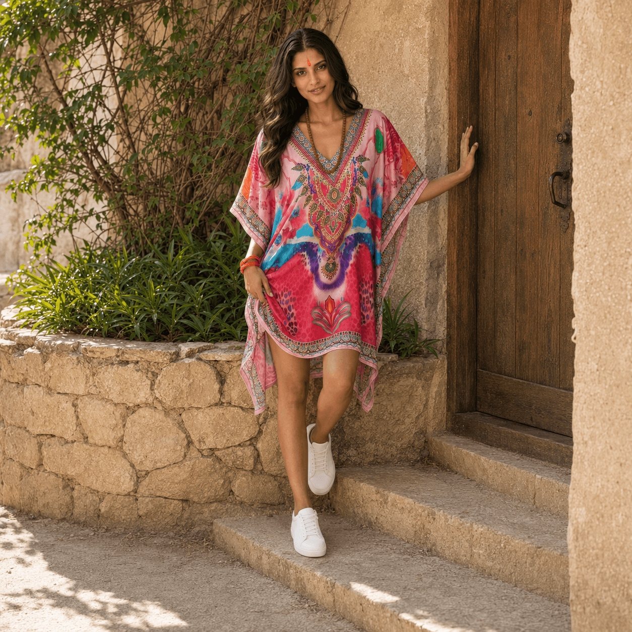 Woman in a house of majisha colorful kaftan dress standing on steps outdoors.
