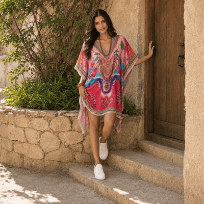 Woman in a house of majisha colorful kaftan dress standing on steps outdoors.