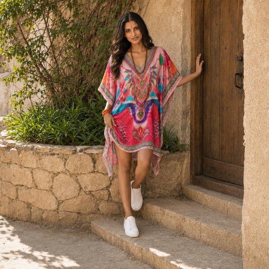 Woman in a house of majisha colorful kaftan dress standing on steps outdoors.