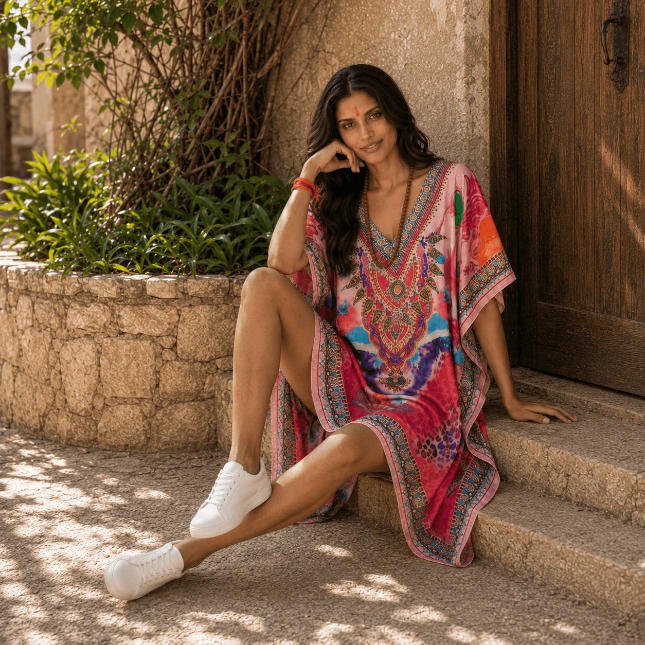 Woman in a house of majisha colorful kaftan dress sitting on steps outdoors.