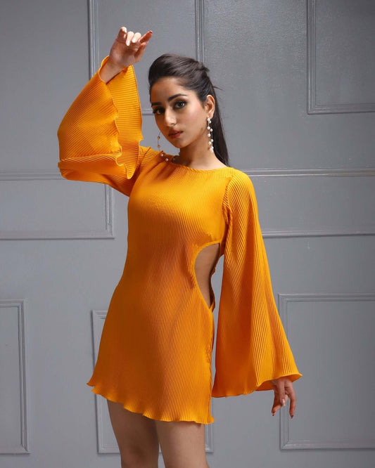 House Of Majisha Orange Bell Sleeve Dress - Vibrant orange dress with bell sleeves and midriff cut-out, crafted with pleated fabrics for a fun party outfit.