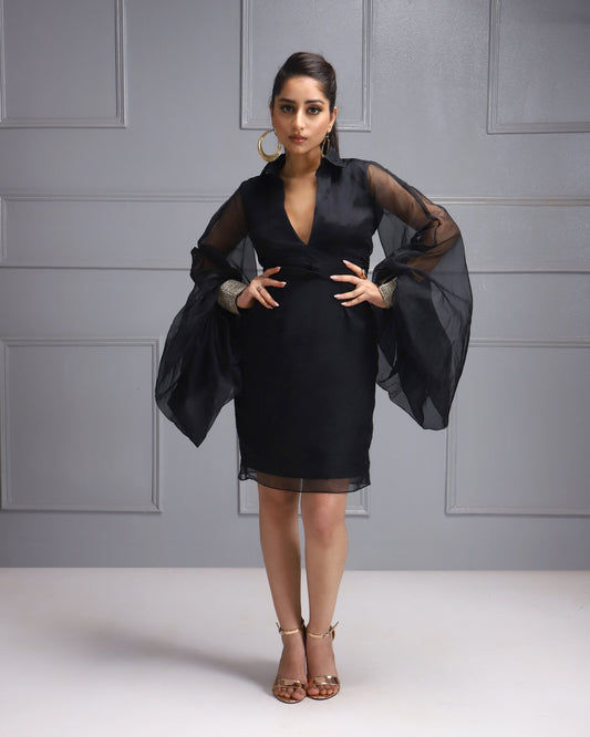 Black Sheer Dress - Elegant knee-length cocktail dress with sheer puff sleeves for a night out or special occasion.