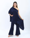 "Chic navy blue one shoulder Coord Dress and wide-leg trousers set for women, perfect for elegant occasions."