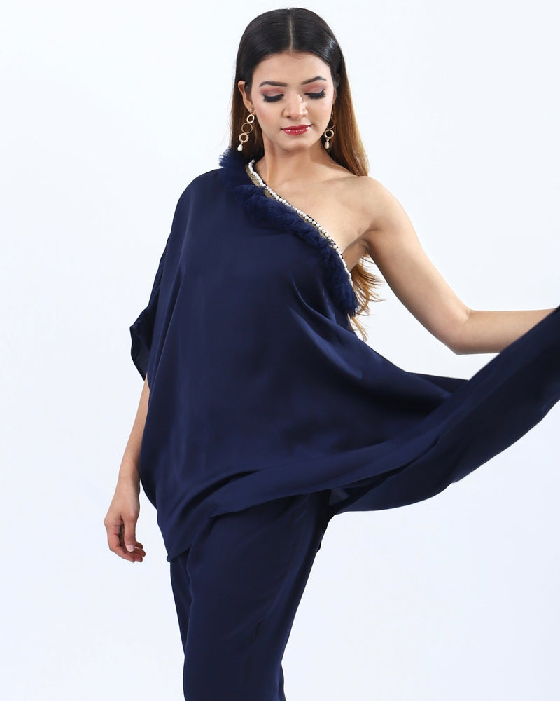 "Stylish navy blue one shoulder Coord Dress with matching wide-leg trousers for women, perfect for nighttime events."