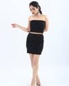 "Black sequined co-ord set for women, featuring a strapless crop top and matching mini skirt with shimmering sequins."