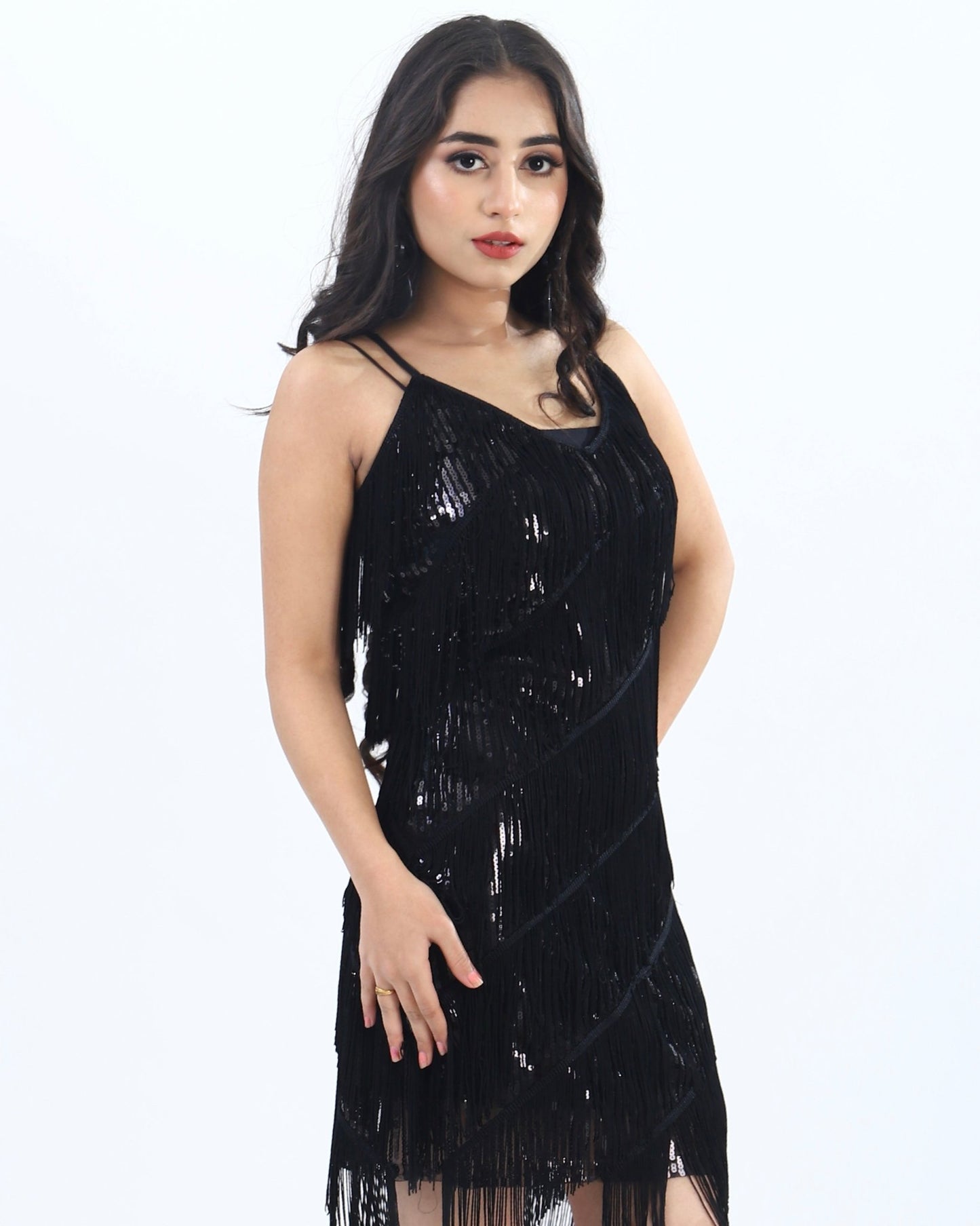 Glamorous black fringe dress for women, perfect for cocktail parties and festive events.