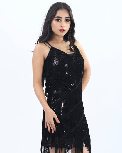 Glamorous black fringe dress for women, perfect for cocktail parties and festive events.