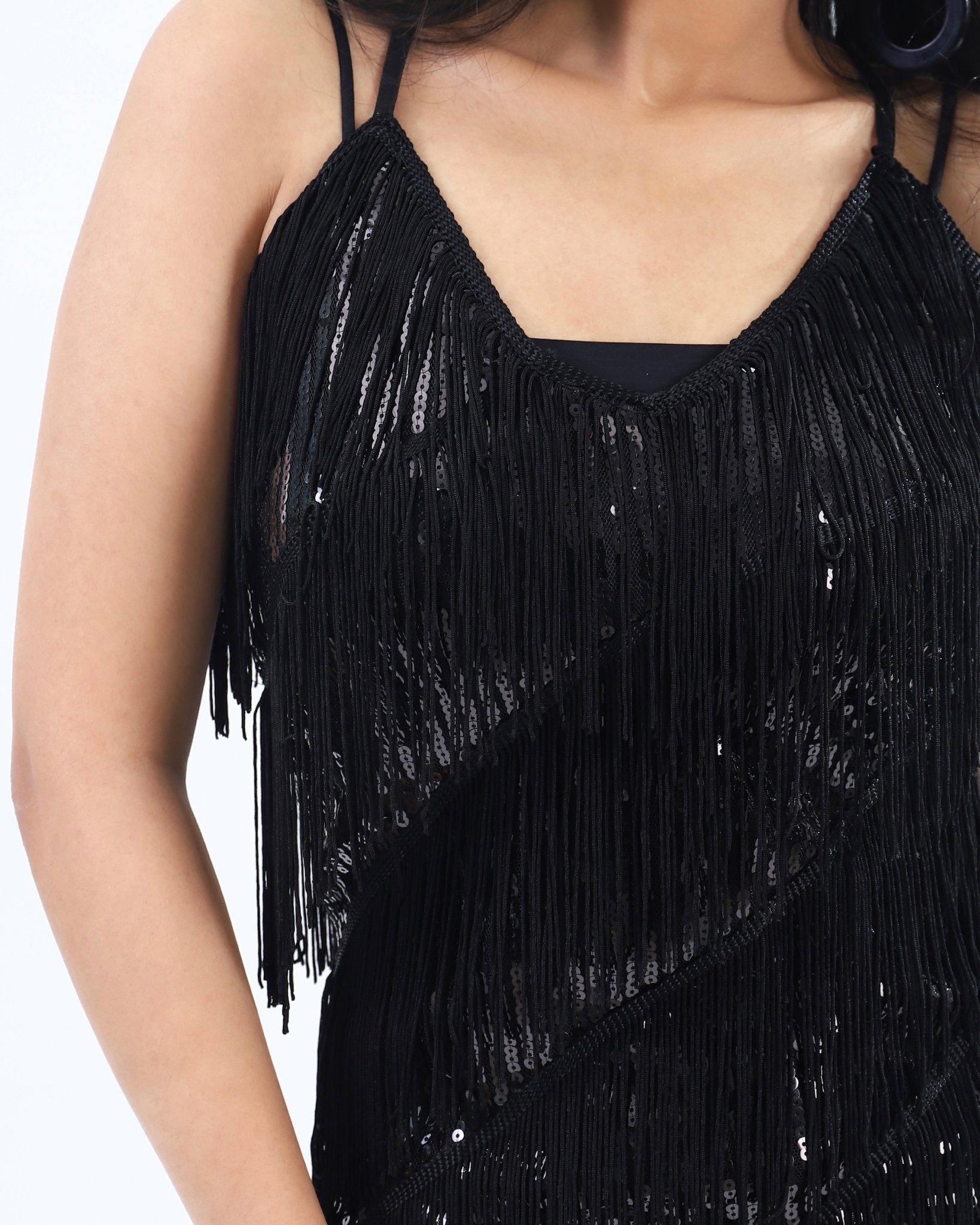 Chic black fringe sequin dress from House of Majisha, ideal for party wear and special occasions.