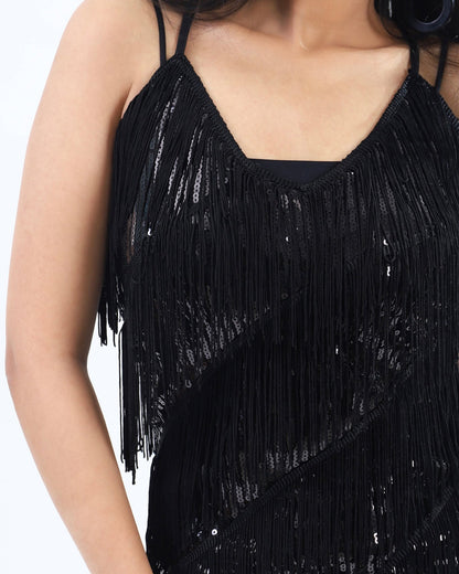 Chic black fringe sequin dress from House of Majisha, ideal for party wear and special occasions.