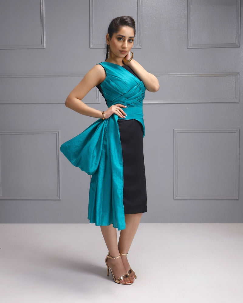 Elegant Teal Dress, House Of Majisha, Pencil Dress, High-end Fashion Model Posing, Fashion Photography, Teal Women's dress.