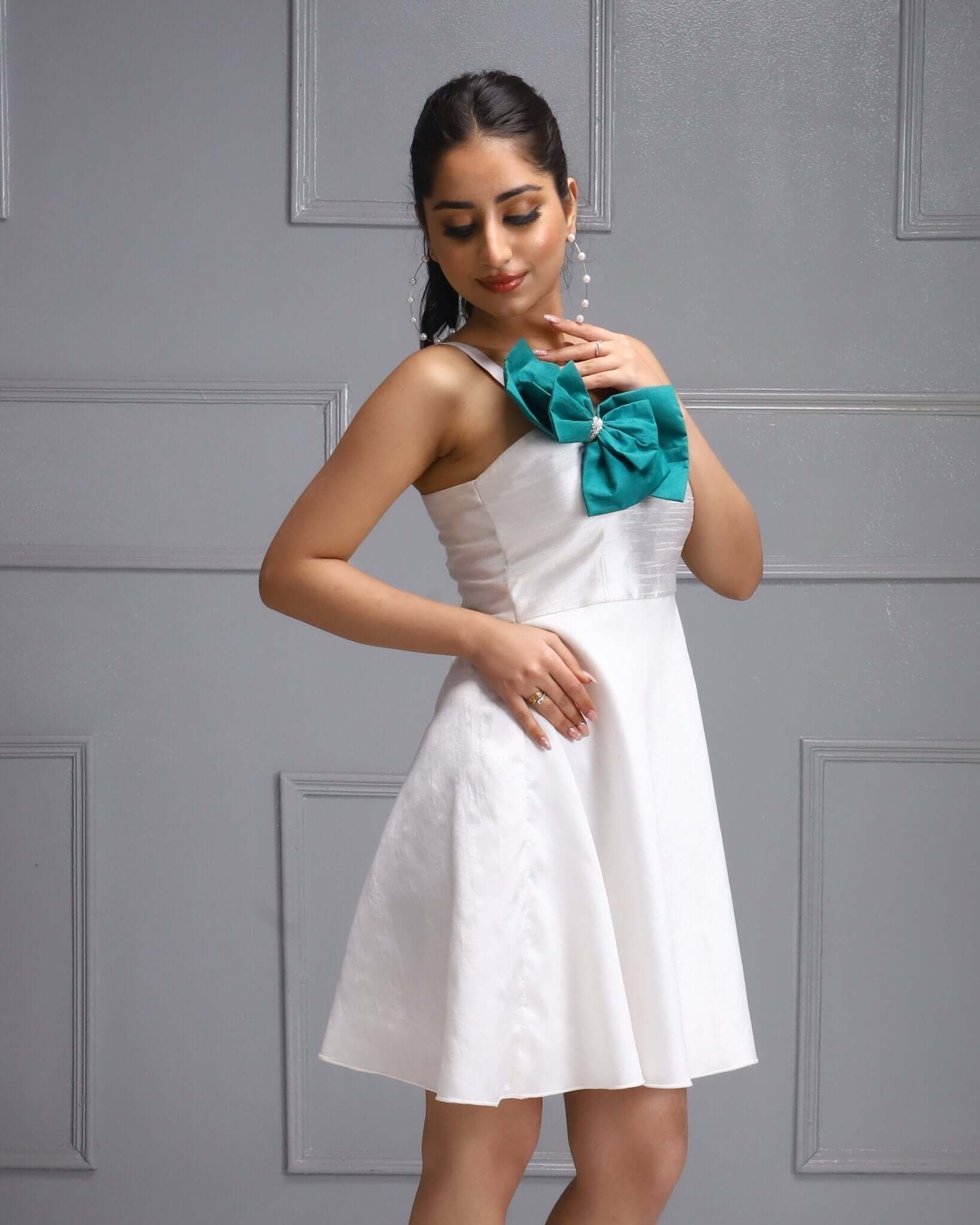 White A Line Dress with Teal Bow Accent - House Of Majisha Exclusive Summer Chic Party Dress