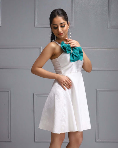 White A Line Dress with Teal Bow Accent - House Of Majisha Exclusive Summer Chic Party Dress