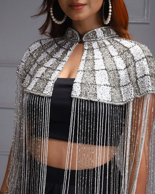 Woman, House of Majisha, Sequin Cape, Fringe Details, Black Outfit, Glamorous Evening Wear, Women's Fashion,