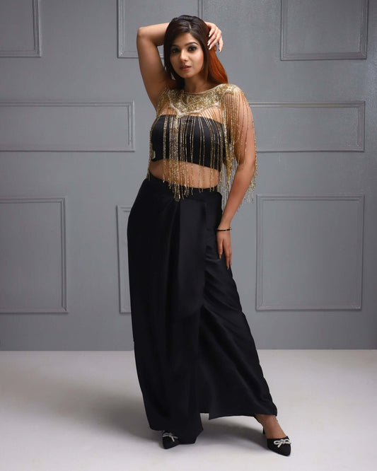 Elegant Woman, Black Outfit, Fashionable Women's Clothing, House Of Majisha Golden Beaded Cape, Stylish Female Attire,