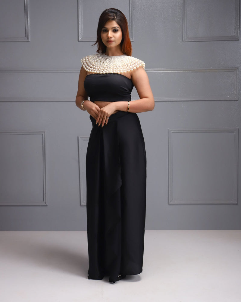 Elegant Black Dress, Pearl Cape, House Of Majisha, Women's Fashion, High-end Fashion, Ornate Collar Details, Evening Gown,